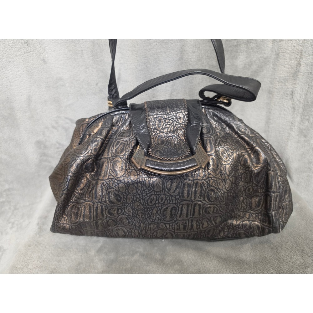 Sharif USA Vintage Black Bronze Metallic Croc Embossed Leather Shoulder Bag 80s